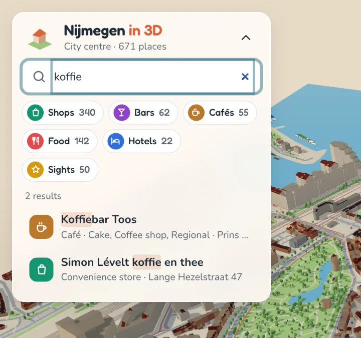 Zoekpaneel met de zoekterm koffie en twee resultaten, Koffiebar Toos en Simon Lévelt, plus filters voor winkels, bars, cafés, eten, hotels en bezienswaardigheden.