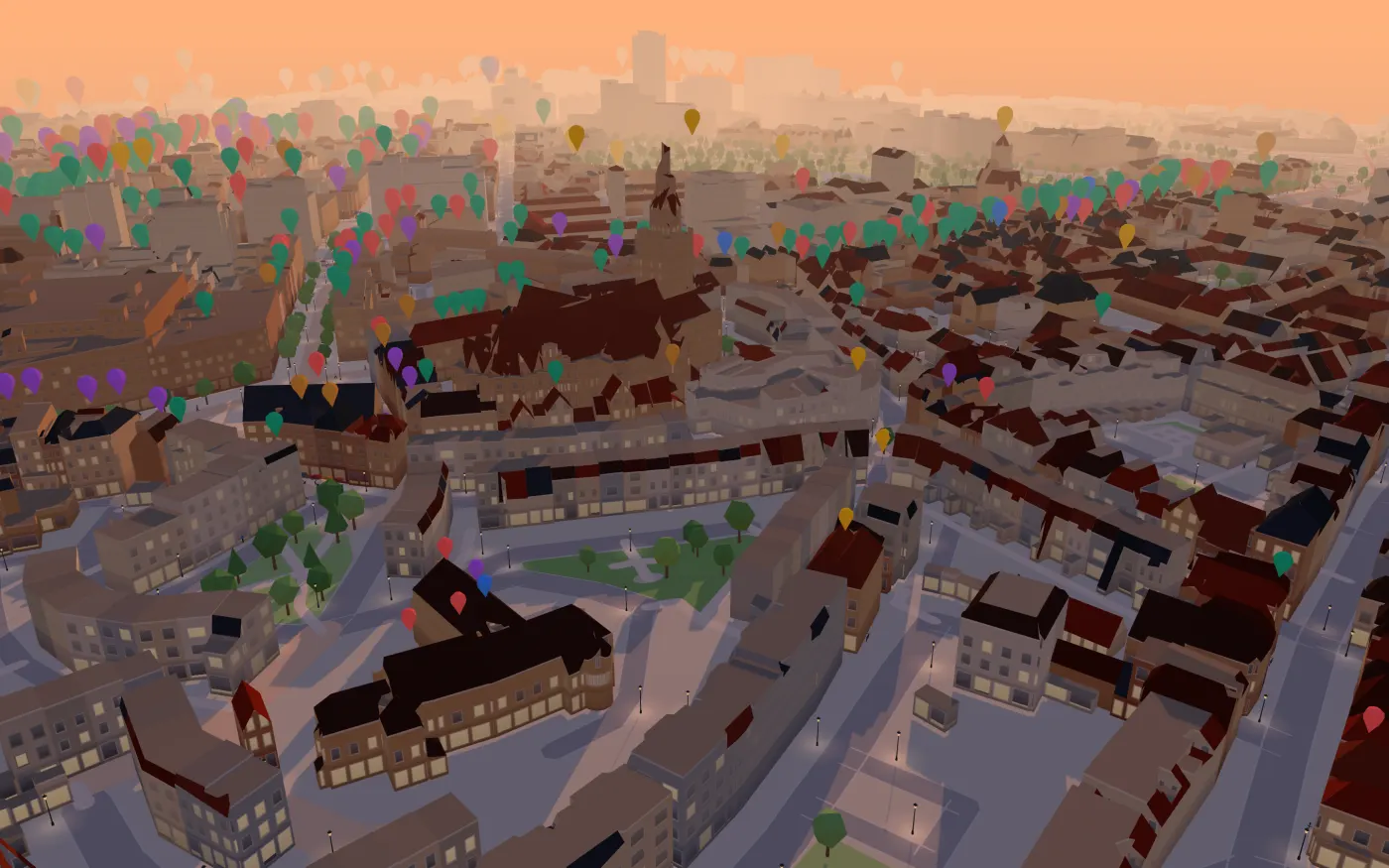 Dezelfde plek bij zonsondergang, met een oranje lucht.